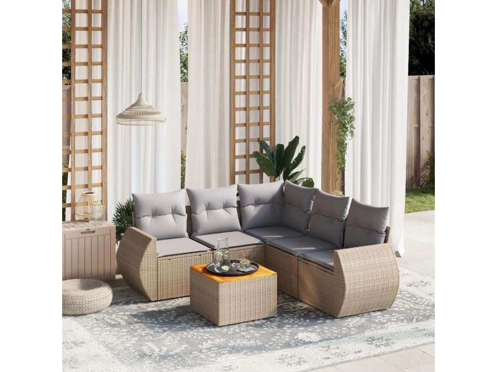 6-piece garden furniture set with cushions, beige woven resin