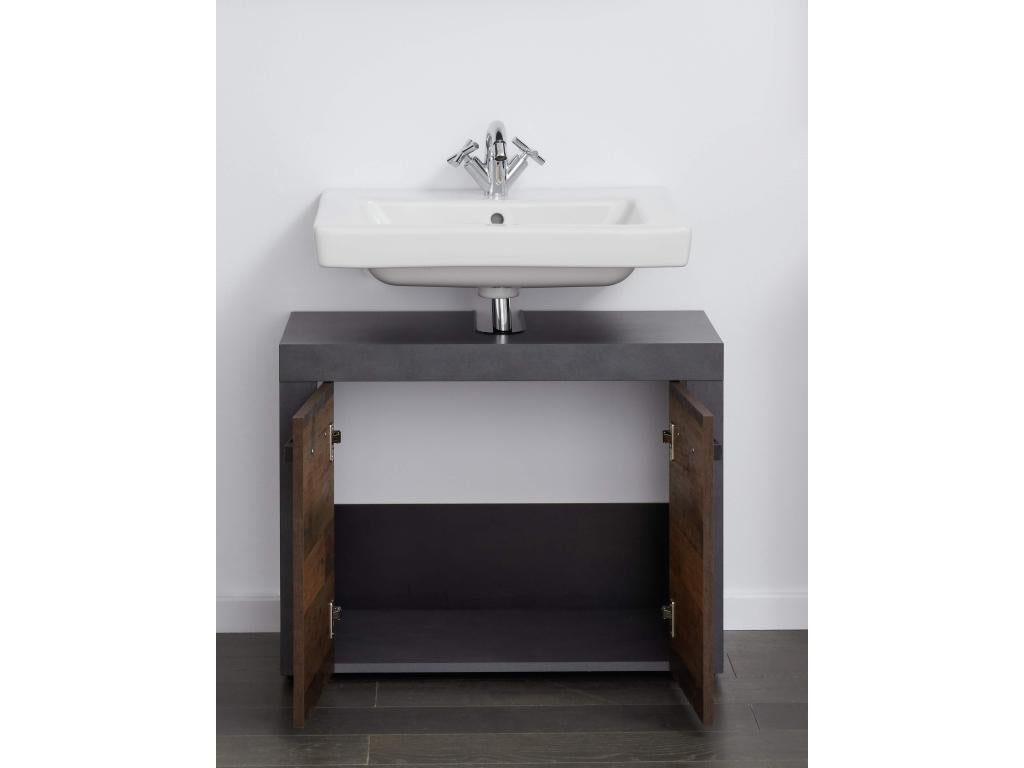 Bathroom furniture - Melamine vanity unit in walnut and cement grey - W - H - D 72 - 56 - 34 cm.