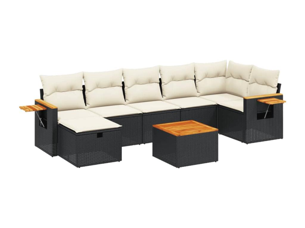8-piece garden furniture set with cushions, black woven resin