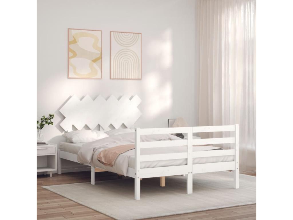 Bed frame with white double headboard, solid wood